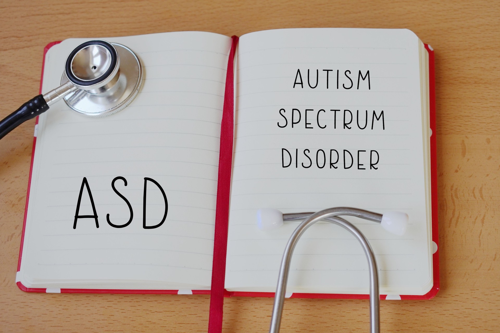 medical concept. ASD autism spectrum disorder . words written in medical notebook with stethoscope.