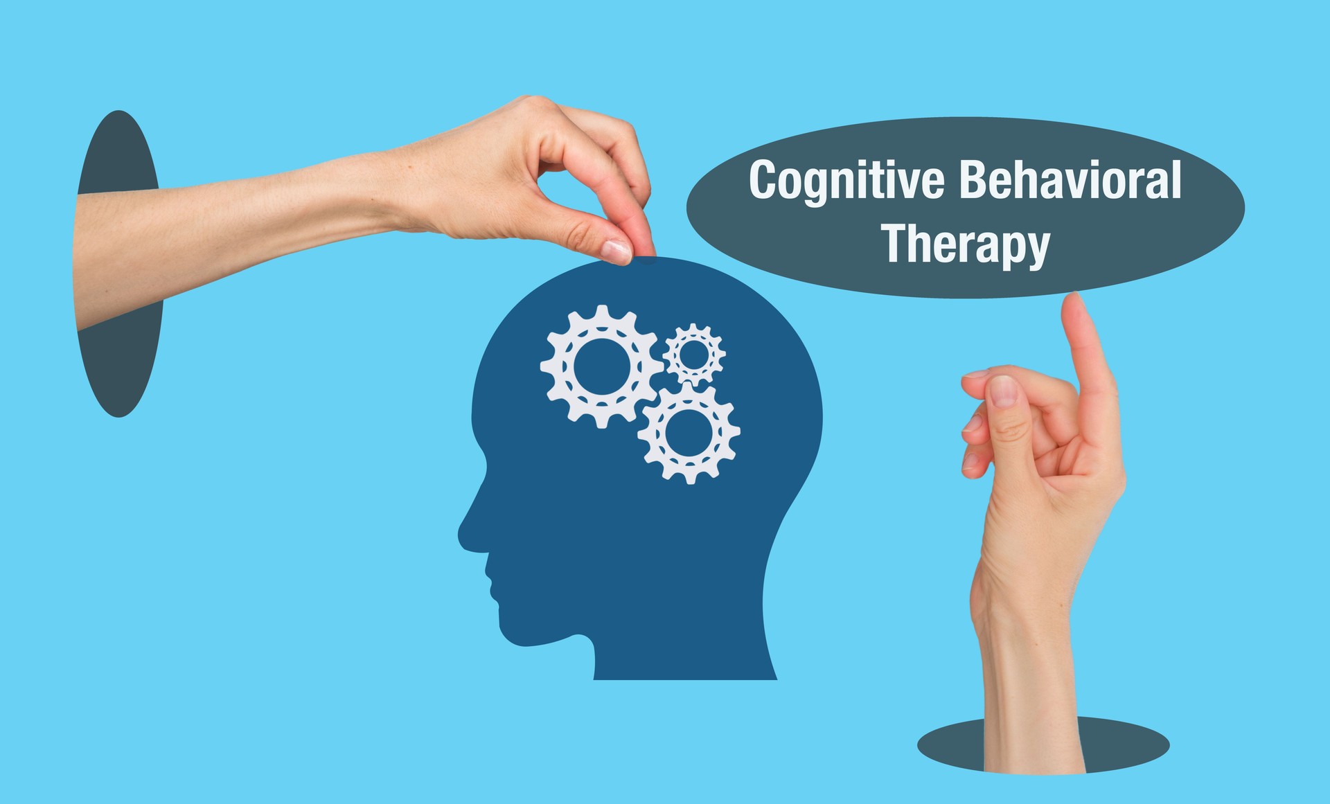 A blue background with a head and hands on it. The head has three gears on it. The words Cognitive Behavioral Therapy are written below the head